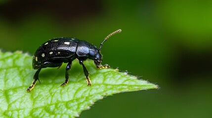 Poster - Spotted Black Beetle on Green Leaf in Natural Greenery Environment : Generative AI