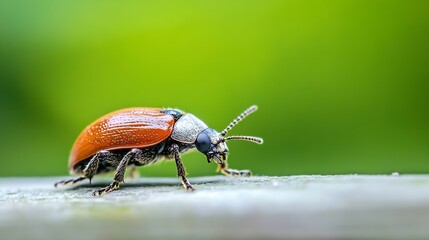 Poster - Vibrantly Colored Beetle on a Wooden Surface Against a Lush Green Background in Macro Shot : Generative AI