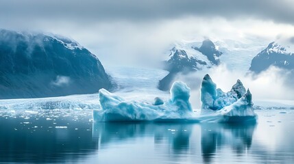 Poster - Majestic Arctic Iceberg Seascape with Misty Mountains and Glassy Waters : Generative AI