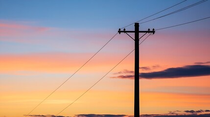 Aufkleber - Colorful Sunset Silhouetting Telephone Pole Against Vibrant Sky for Serene Outdoor Scenery : Generative AI