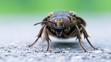Poster - Closeup of Dark Brown Beetle with Detailed Texture and Green Hue Background : Generative AI