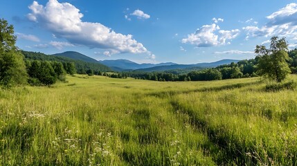 Aufkleber - Vast Scenic Meadow with Distant Mountains Under a Blue Summer Sky with White Fluffy Clouds : Generative AI