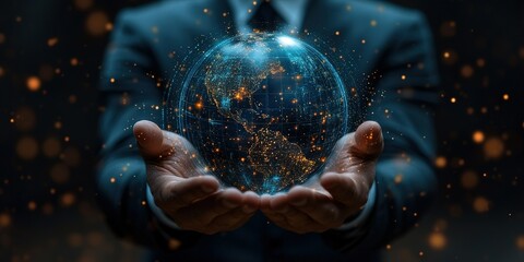 Poster - Businessman holding a glowing digital globe while showcasing global connectivity at night