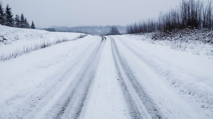 Poster - Scenic Snow Covered Winter Road with Frosty Trees in Serene Landscape : Generative AI