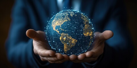 Poster - Hands hold a glowing digital globe representing global connectivity and technological advancement in a modern setting