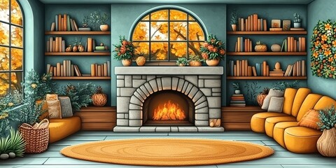 Wall Mural - Cozy autumn living room with fireplace and seasonal decorations for a warm atmosphere