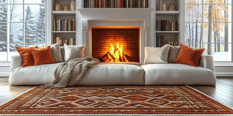 Wall Mural - Cozy living room with a warm fireplace surrounded by books and autumn scenery outside the windows