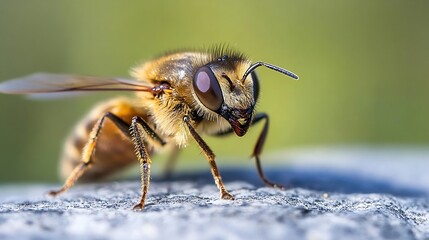 Poster - Closeup Image of Brown Bee on Rock Showing Natural Texture and Pollen Collection Behavior : Generative AI