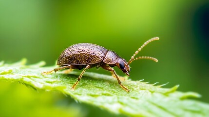 Poster - Small beetle walking on a green leaf with natural bokeh background in macro perspective : Generative AI