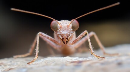 Poster - Closeup Macro Shot of a Curious Mantis Insect Staring Intently on Blurred Background : Generative AI