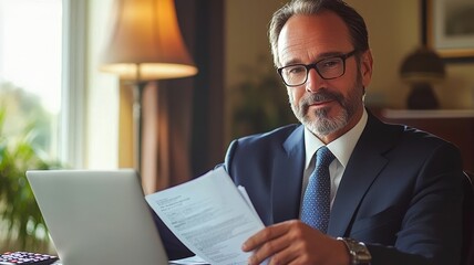 Poster - A businessman reviews documents at a desk, showcasing professionalism and concentration in a well-lit office environment.