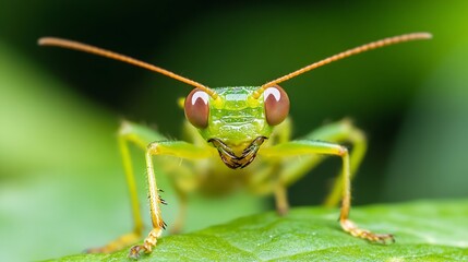 Aufkleber - Green Mantis with Distinct Antennae and Eerie Eyes in Leafy Habitat : Generative AI
