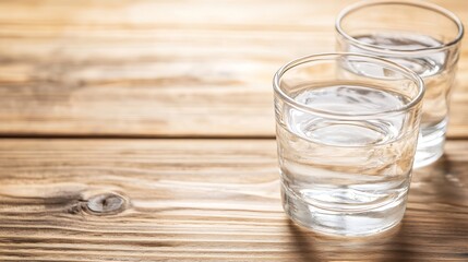 Aufkleber - Crystal Clear Water in Glasses on Rustic Wooden Table with Warm Lighting : Generative AI
