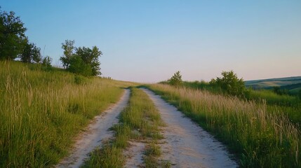 Poster - Rural Dirt Road at Golden Hour Leads Through Tranquil Countryside Landscape : Generative AI