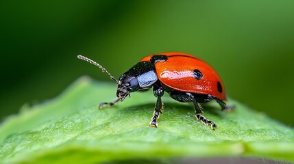 Poster - Detailed Macro Image of a Red Ladybug with Black Spots on a Leaf : Generative AI