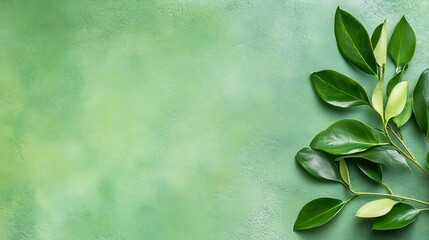 Poster - Minimalist Green Background with Fresh Lush Leaves on Corner : Generative AI