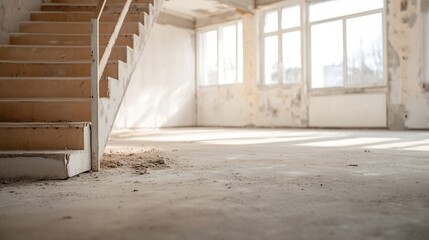 Aufkleber - Sunlit Abandoned Room with Dusty Wooden Staircase and Large Windows : Generative AI