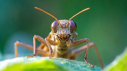 Poster - Close Up of Brown Grasshopper on Leaf Displaying Intricate Details and Vibrant Colors in Natural Habitat : Generative AI
