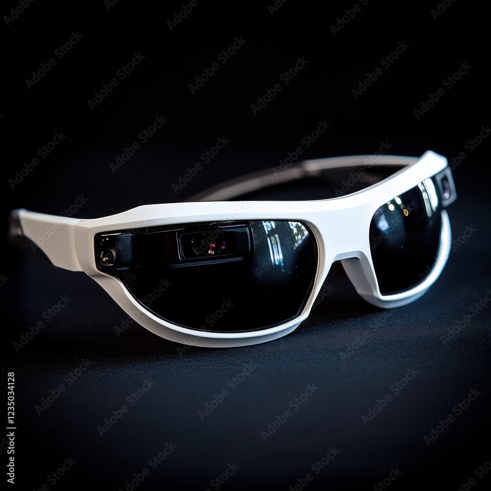 Smart glasses with advanced features displayed on a sleek black surface ...
