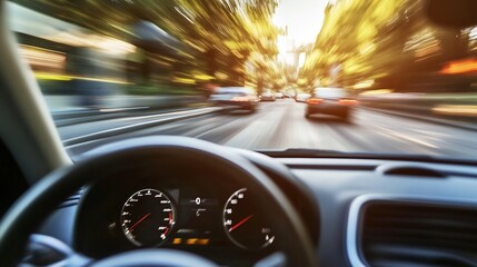 Poster - Rapid Urban Drive Captured from Car View with Sunlit Motion Blur Effect : Generative AI
