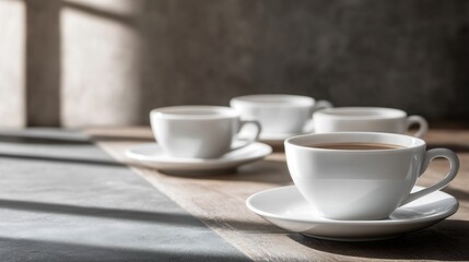 Aufkleber - Tranquil Morning Coffee on Rustic Wooden Table with Warm Sunlight Illumination : Generative AI