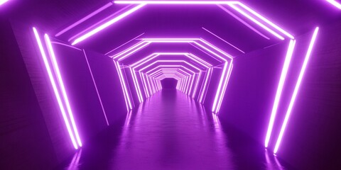 Poster - Abstract Purple Neon Tunnel Futuristic Glowing Light Corridor Digital Art Background Design 3D Cool
