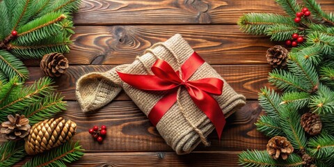 Wall Mural - A rustic Christmas gift wrapped in burlap with a vibrant red ribbon surrounded by pine branches and pine cones