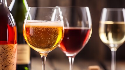 Aufkleber - Three Elegant Wine Glasses with Red White and Rosé Wines on Wooden Table : Generative AI