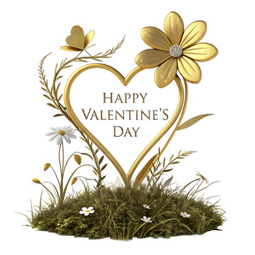 Happy velentines day with golden heart and flowers  isolated on transparent background png
