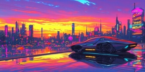 Poster - Futuristic Cityscape Sunset Neon Car