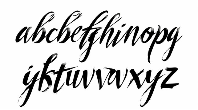 Elegant handwritten brush script alphabet set in black on a white background, featuring both uppercase and lowercase letters, suitable for design and typography elements.