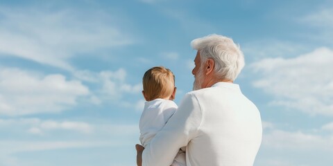 Poster - A man is holding a baby in his arms while looking up at the sky. Concept of warmth and love between the two, as well as a feeling of peace and tranquility in the natural surroundings