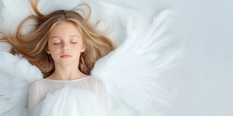 Sticker - A young girl is sleeping in a white dress with long blonde hair. Concept of innocence and purity, as the girl is dressed in a delicate and elegant manner