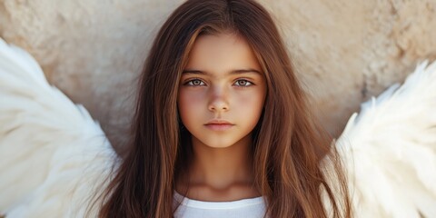 Wall Mural - A young girl with brown hair and brown eyes is wearing a white shirt and a white winged angel costume