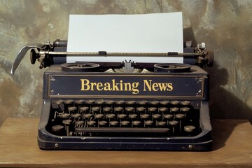 Aufkleber - Vintage typewriter displaying breaking news on blank sheet of paper in a classic workspace setting. Generative AI