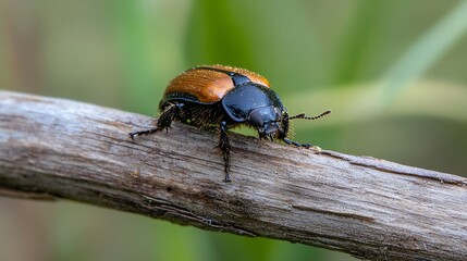 Poster - Macro view of a black and brown beetle on a wooden branch with blurred natural background : Generative AI