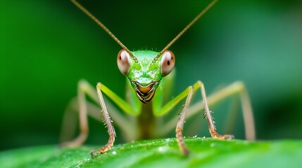 Aufkleber - Macro Shot of a Praying Mantis on Leaf with Striking Green Background : Generative AI