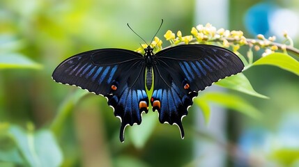 Aufkleber - Majestic Blue and Black Butterfly Rests on Leaf in Vibrant Botanical Surroundings : Generative AI