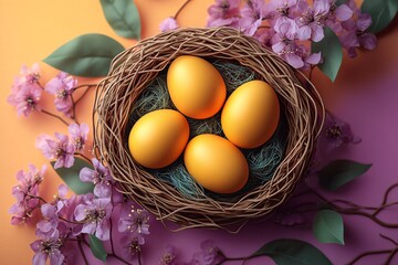 Golden Easter Eggs Nestled in Colorful Basket