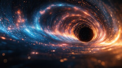 Poster - Abstract vortex with spiraling blue and orange light trails in deep space