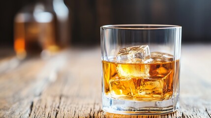 Poster - Elegant Glass of Whiskey with Ice on Rustic Wooden Table Surface : Generative AI