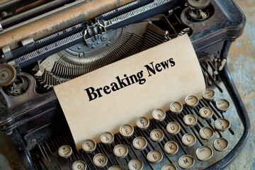 Aufkleber - Vintage typewriter with breaking news headline on blank paper resting on wooden surface. Generative AI