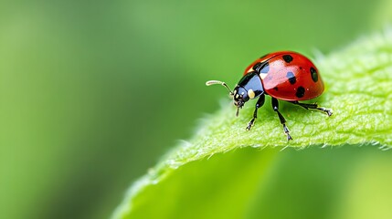 Poster - Ladybug Crawling on a Leaf Edge with Green Blurred Background : Generative AI