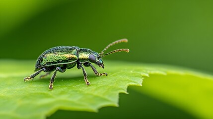 Poster - Green Beetle on Leaf with Shimmering Exoskeleton Captured in Nature : Generative AI