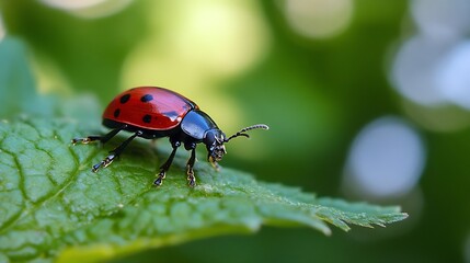 Aufkleber - Ladybug on Leaf in Natural Greenery with Soft Defocused Background : Generative AI