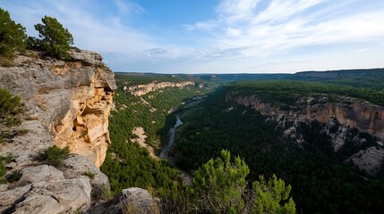 Aufkleber - Stunning Panoramic View of Deep Scenic Canyon Surrounded by Lush Green Forest and Clear Blue Sky : Generative AI