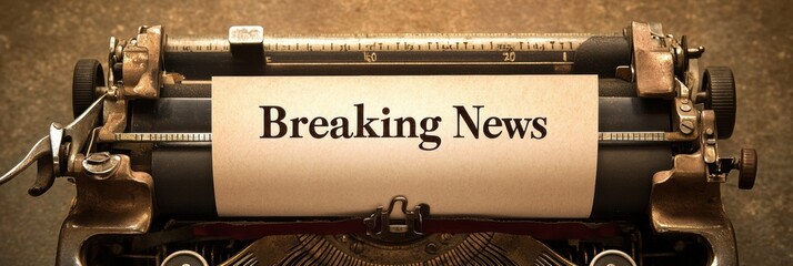 Aufkleber - Vintage typewriter with bold breaking news headline on blank sheet in elegant workspace. Generative AI