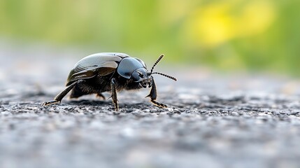 Poster - Shiny Black Water Beetle on Stone Surface Surrounded by Vibrant Green Background : Generative AI