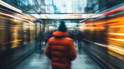 Poster - Motion Blur of Person in Red Jacket Walking Through Vibrant City at Night : Generative AI