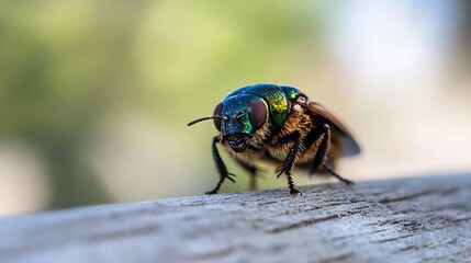 Poster - CloseUp of Colorful Fly on Wood with Blurred Nature Background : Generative AI